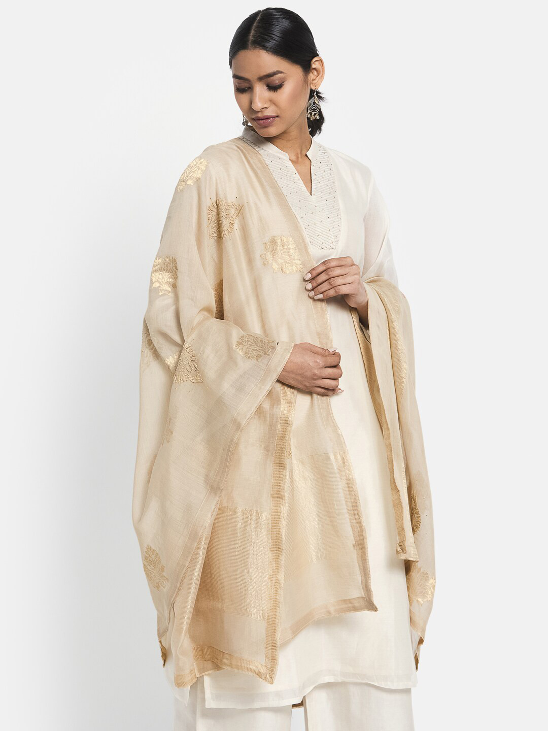 

Fabindia Beige Ethnic Motifs Embroidered Cotton Silk Dupatta