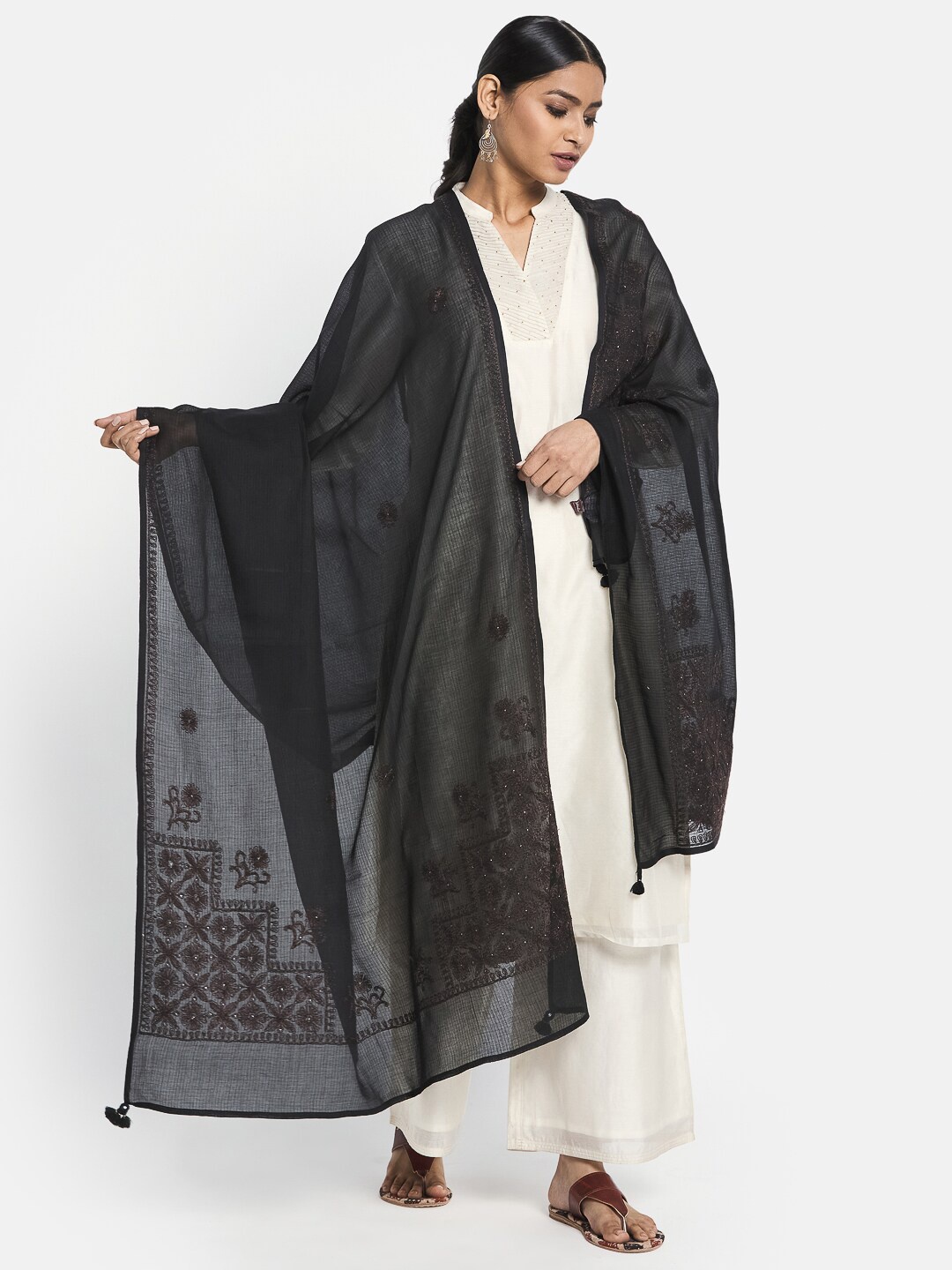 

Fabindia Black Embroidered Cotton Silk Dupatta
