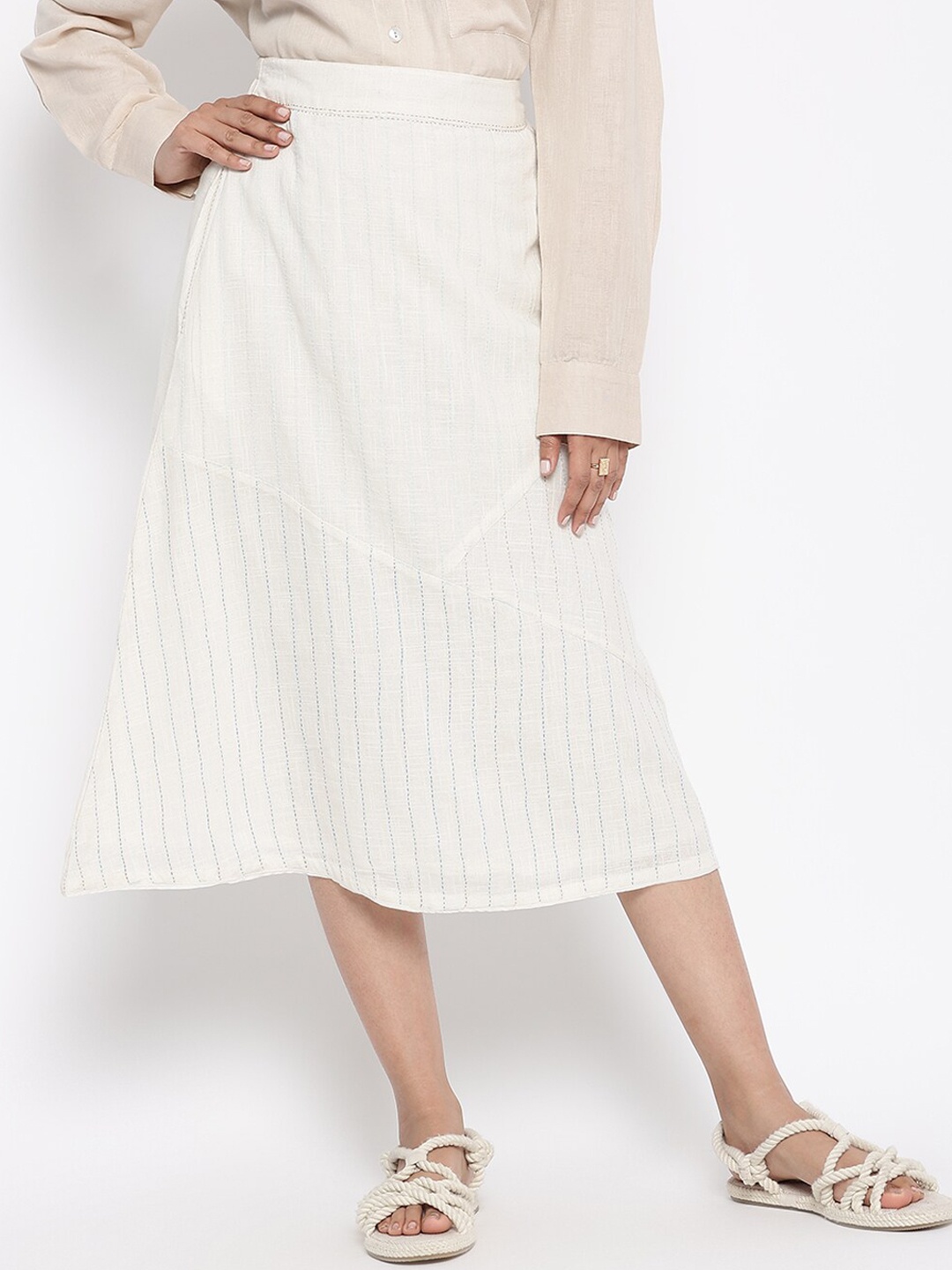 

Fabindia Off-White Embroidered Pure Cotton Knee-Length A-Line Skirt