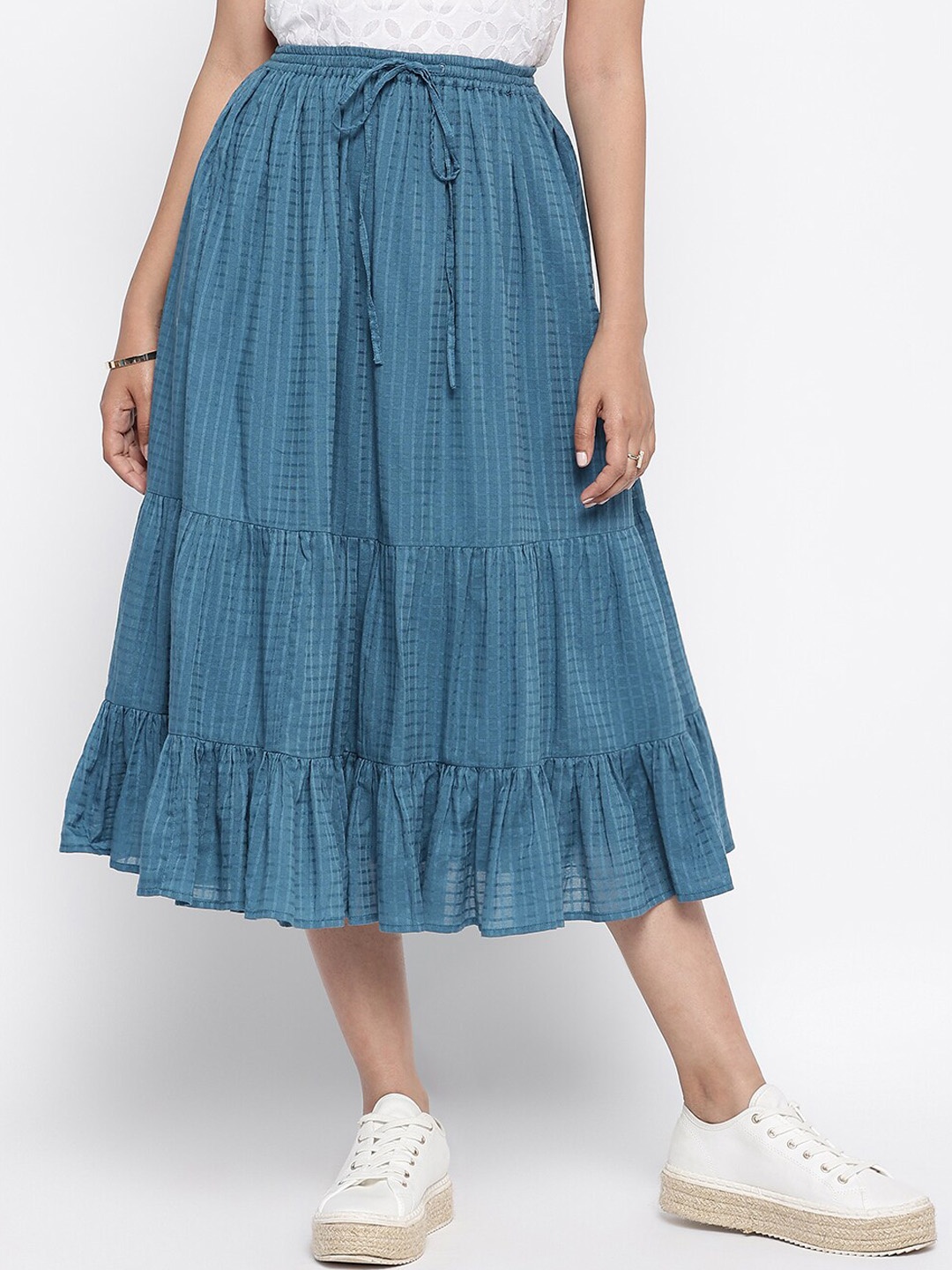 

Fabindia Women Blue Checked Cotton Flared Tiered Midi Skirts