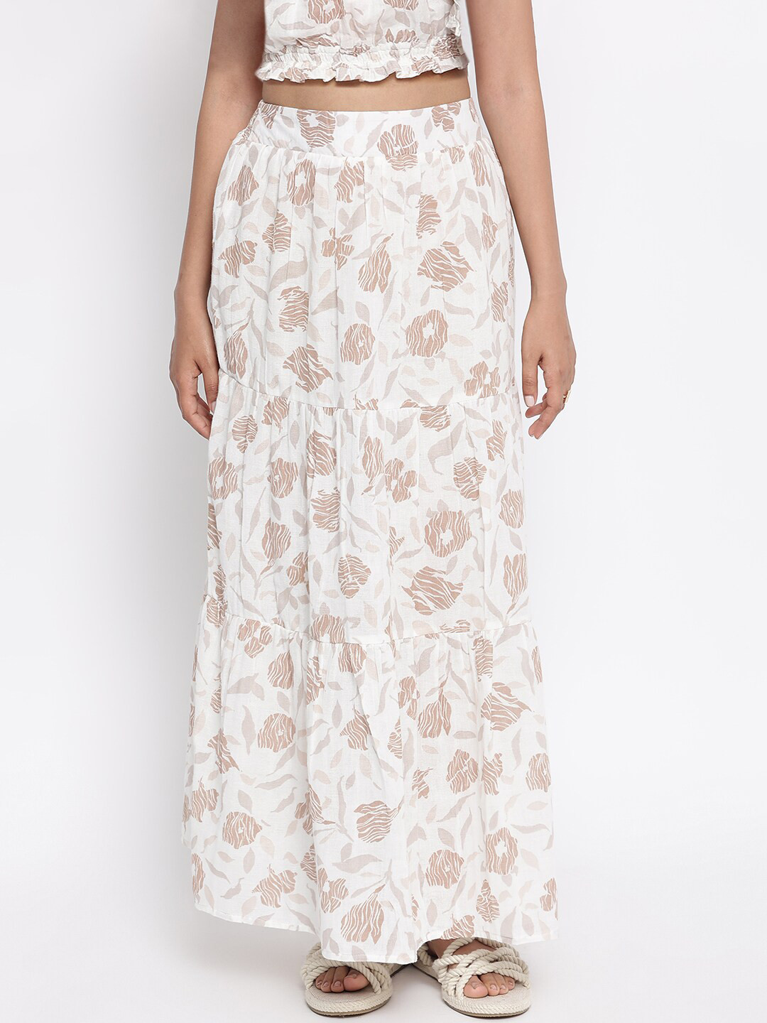 

Fabindia White & Beige Floral Printed Pure Cotton Tiered Maxi Skirt