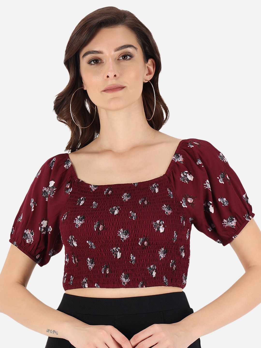 

Trend Arrest Burgundy Floral Print Smocked Crop Top