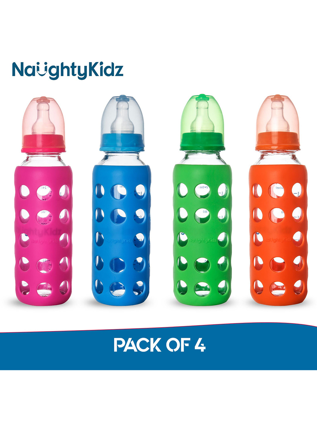 

NAUGHTY KIDZ Kids Set of 4 Feeding Bottles With Protective Warmer, Pink
