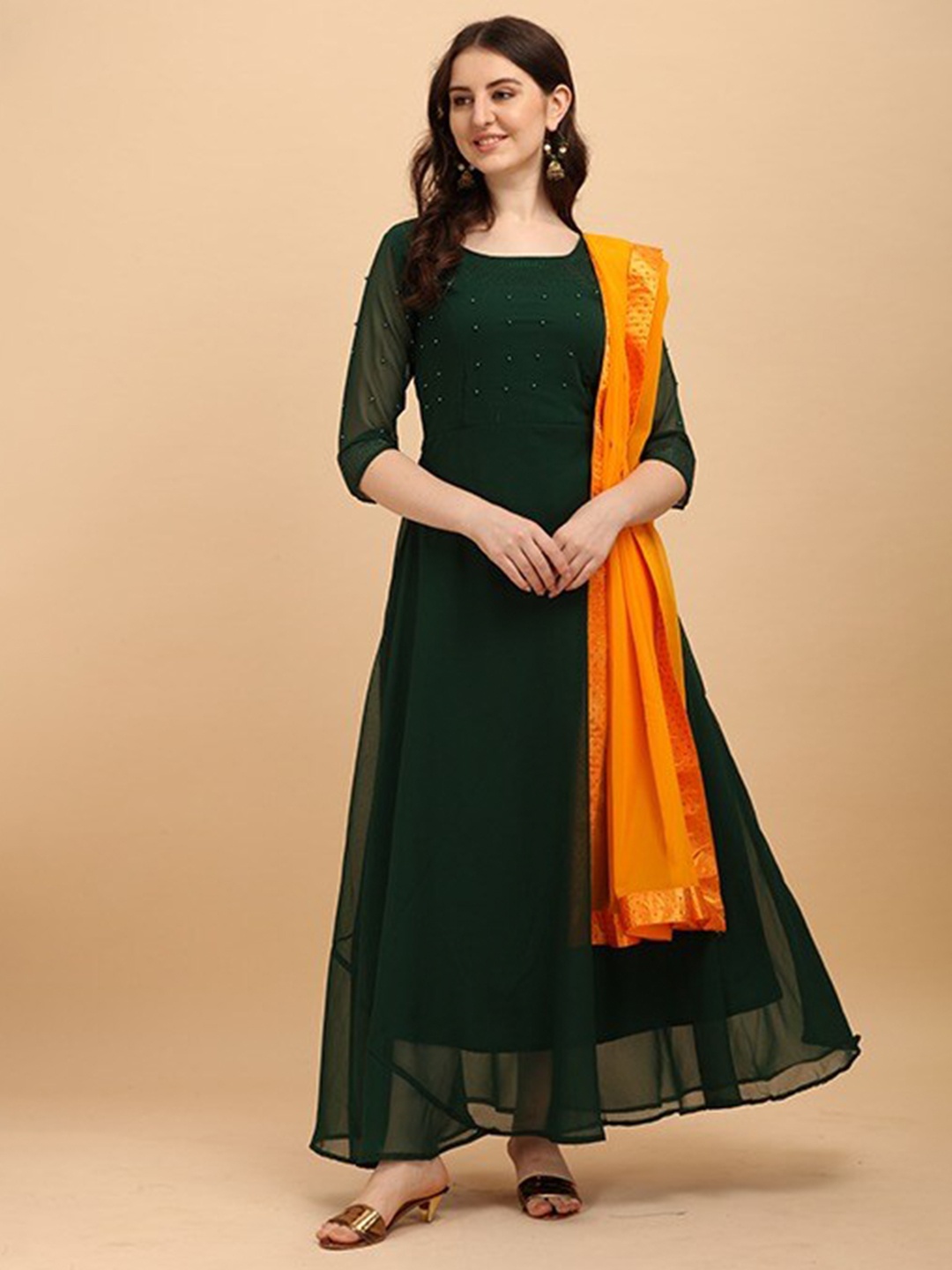 

PRENEA Green Embellished Georgette Maxi Dress With Dupatta