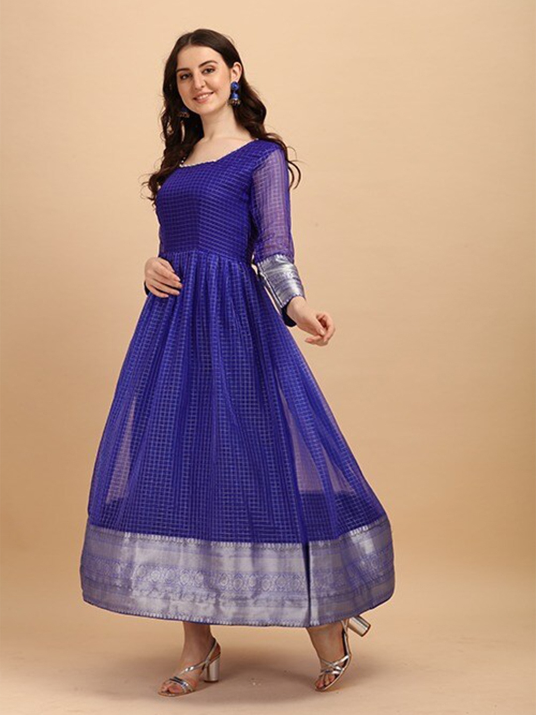 

PRENEA Blue Checked Jacquard Ethnic Maxi Dress