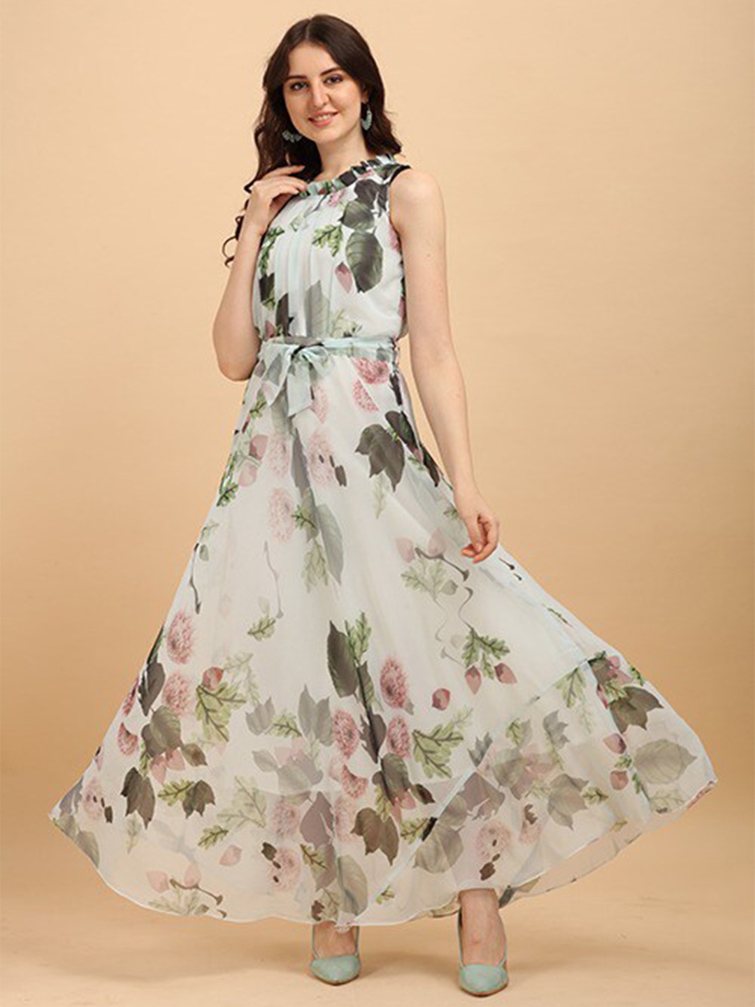 

PRENEA Cream-Coloured & Green Floral Halter Neck Georgette Maxi Dress