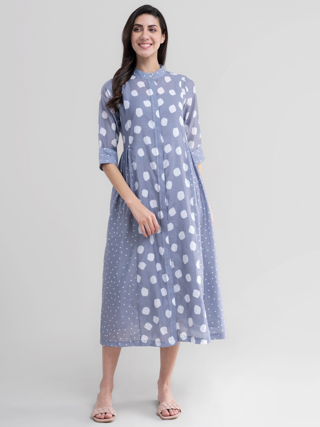

Pink Fort Women Grey Polka Dot Printed Shirt Dress