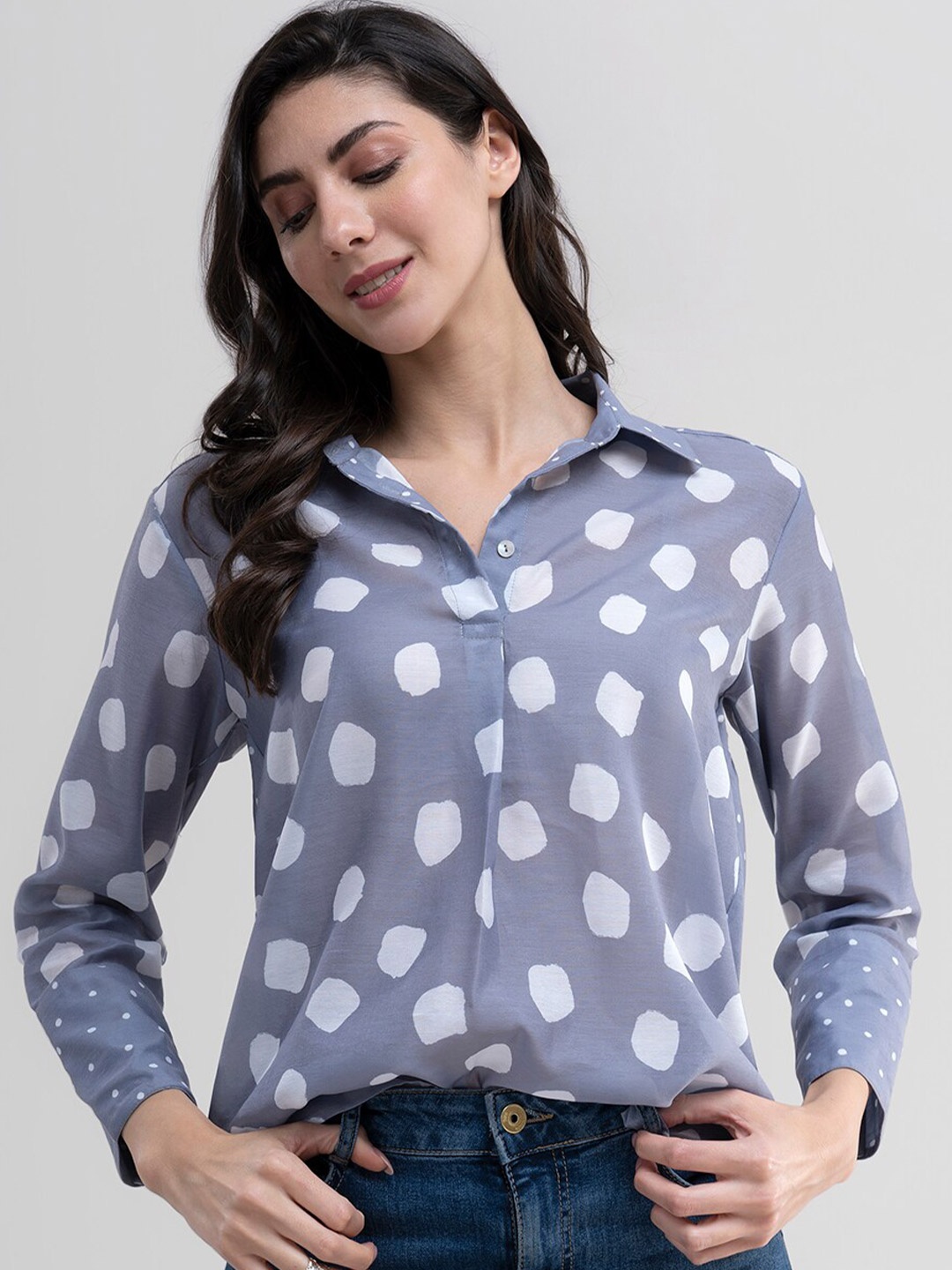

Pink Fort Grey Print Shirt Style Top