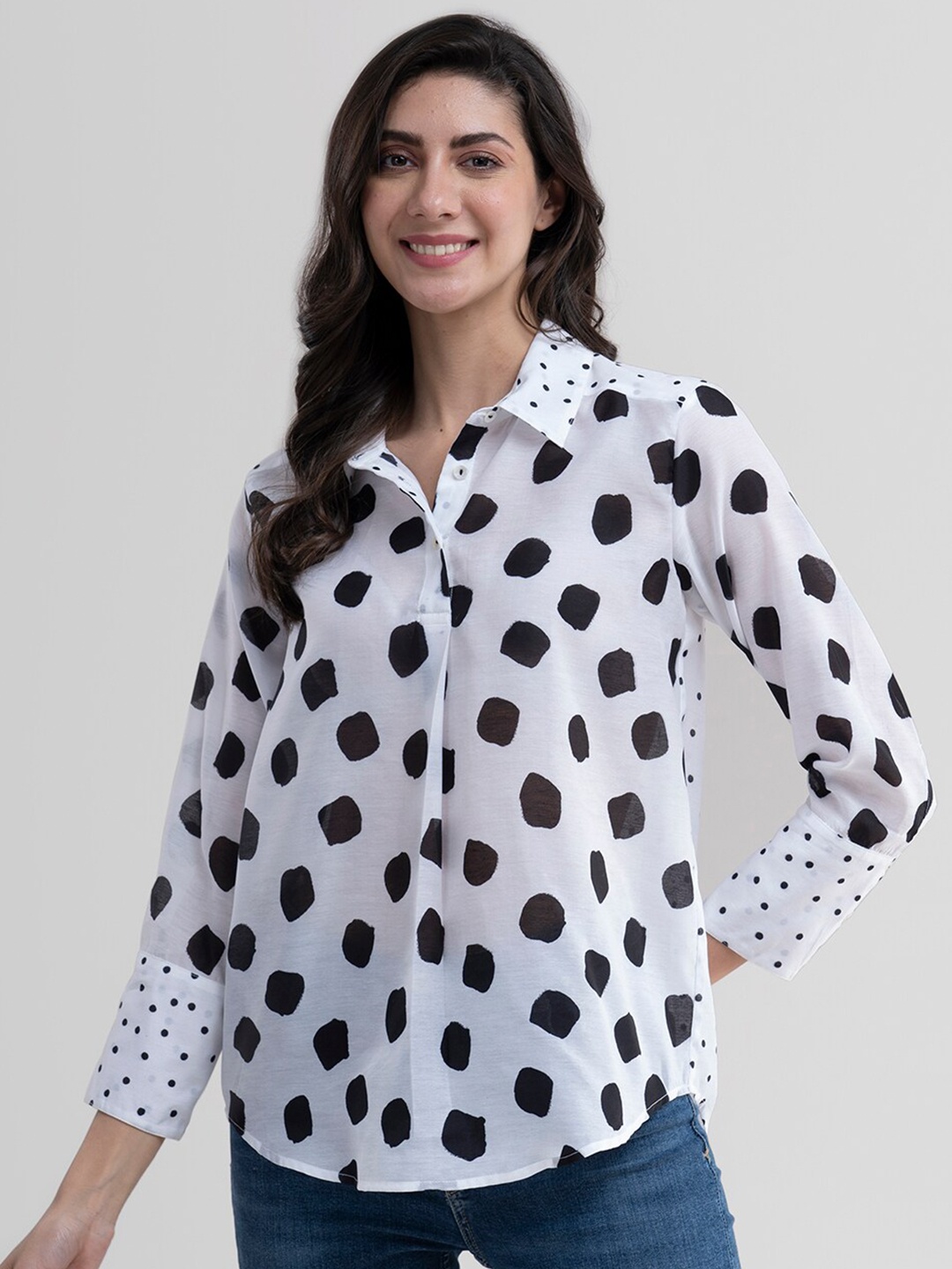 

Pink Fort Black & White Polka Printed Shirt Style Top
