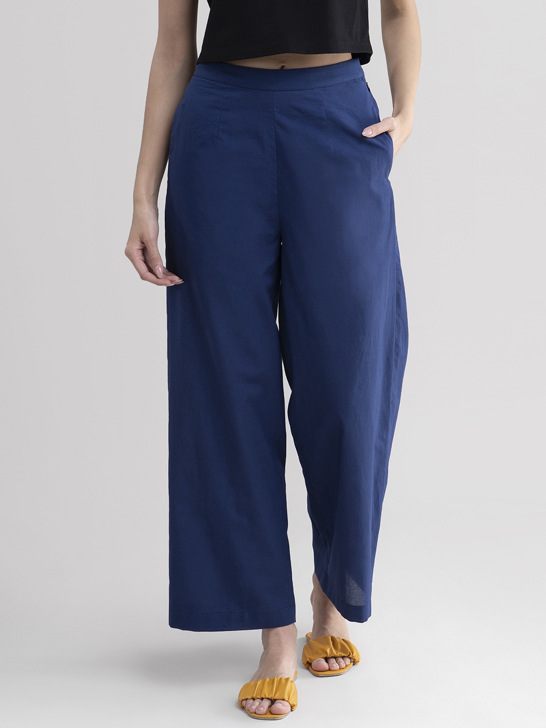 

Pink Fort Women Cotton Navy Blue Cropped Wide Leg Palazzos