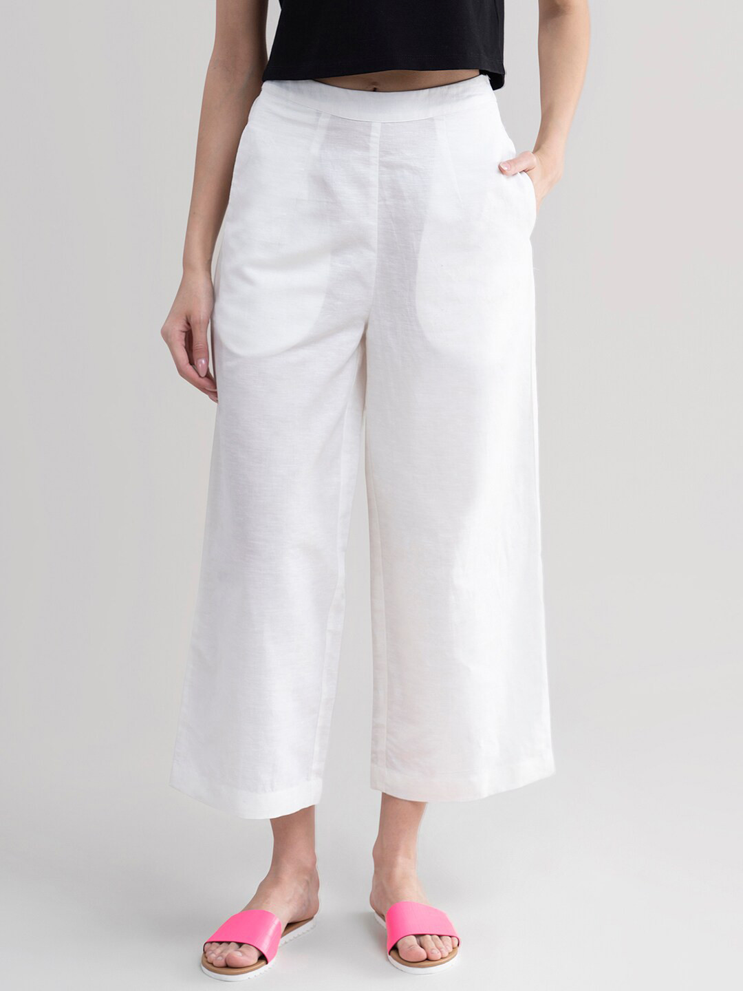 

Pink Fort Women White Cropped Wide Leg Linen Palazzos