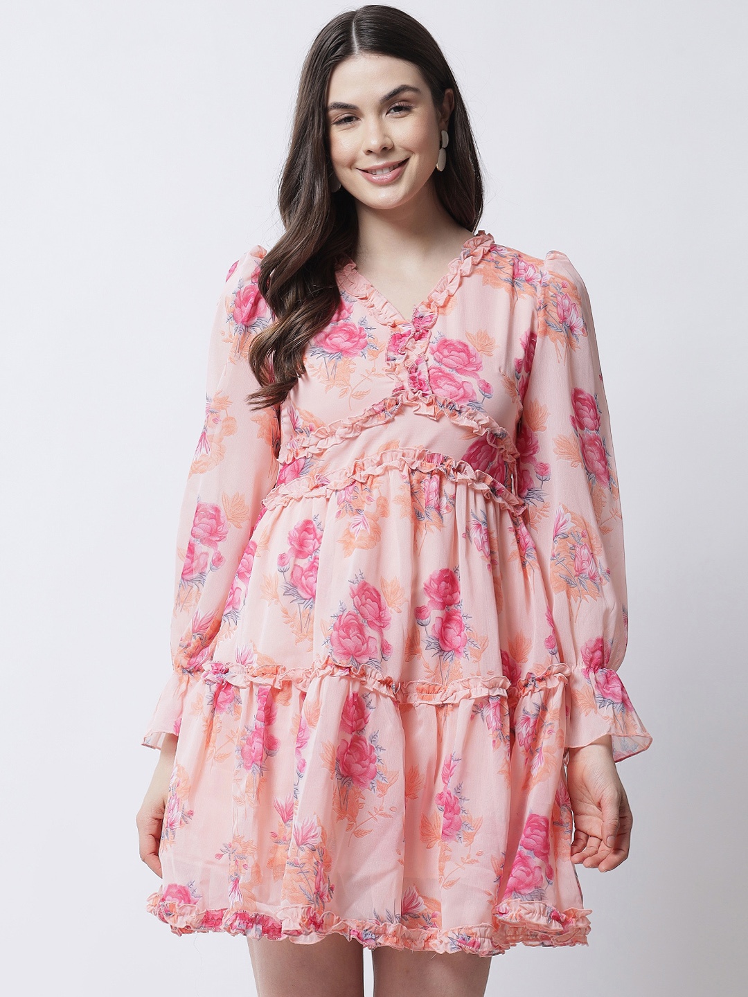 

MARC LOUIS Peach-Coloured Floral Georgette Dress