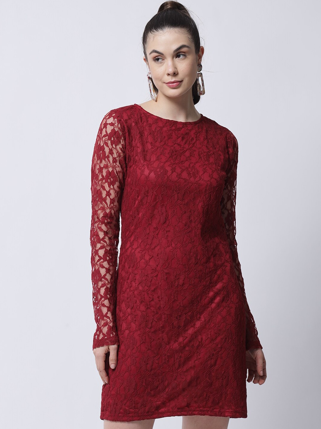 

MARC LOUIS Maroon Self Design Net Sheath Dress