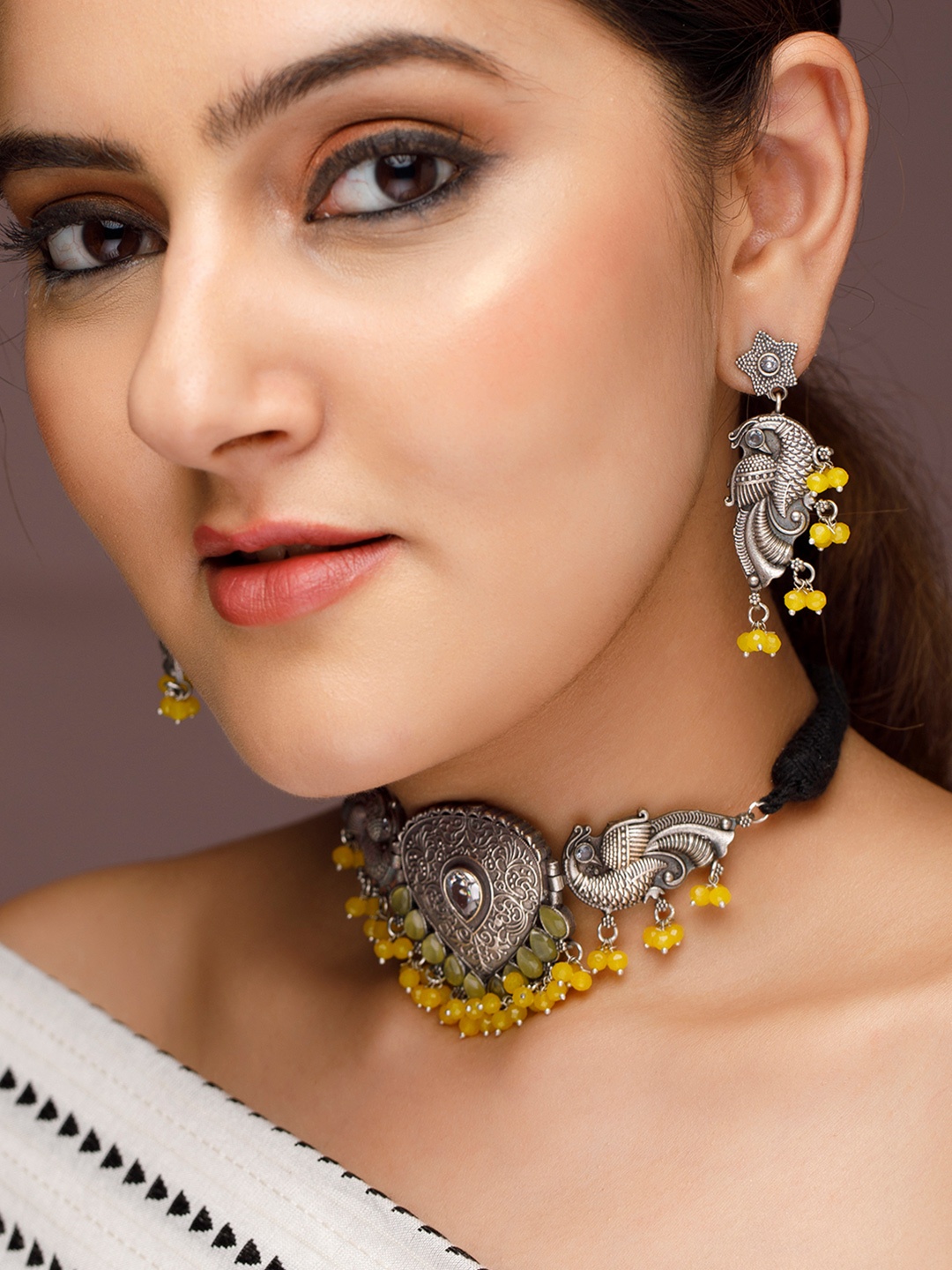 

Rubans Oxidised Silver-Plated Yellow Stone Studded & Beaded Choker Set