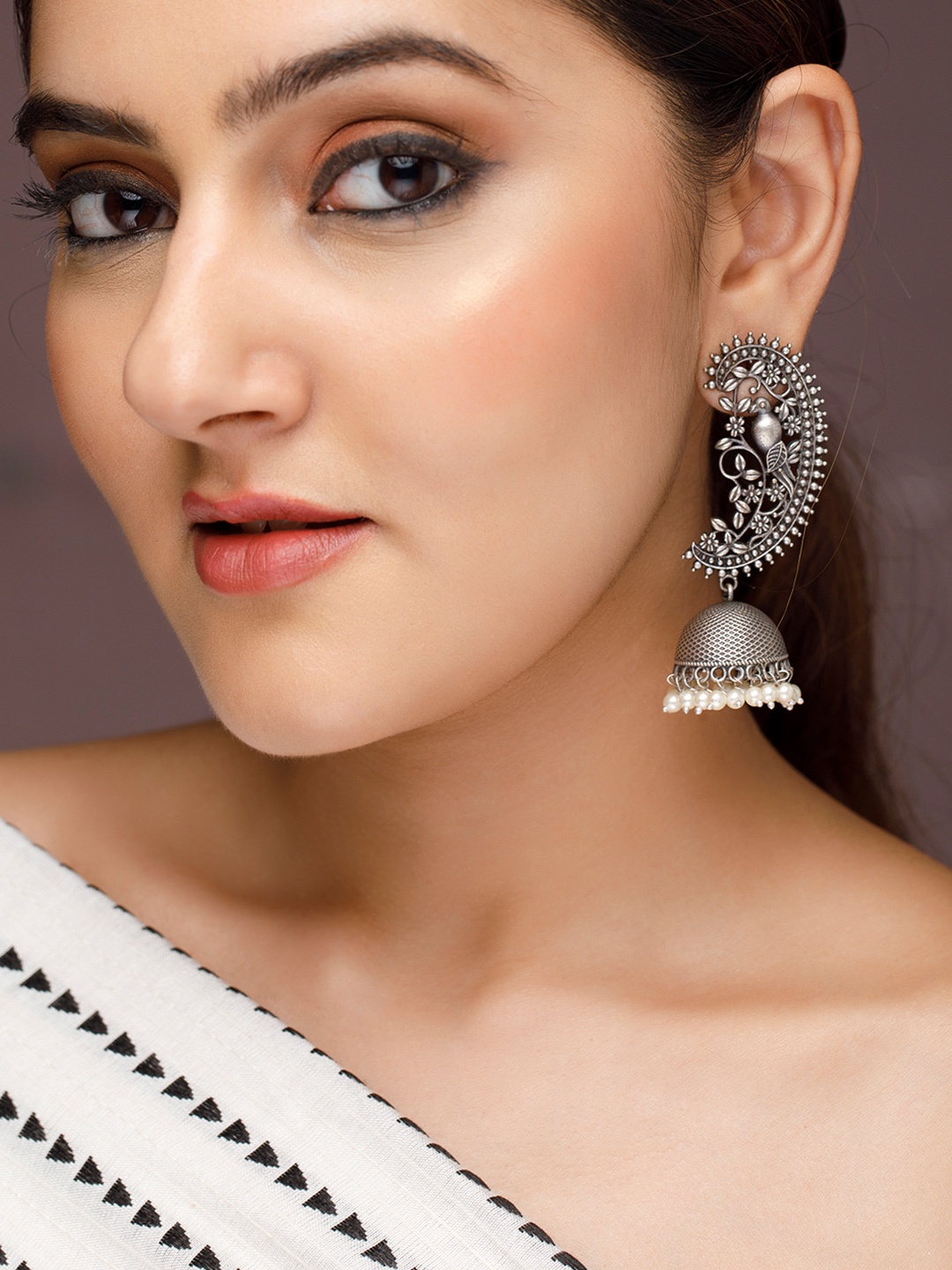 

Rubans Oxidized Silver-Plated Floral & Bird Motif Jhumka Earrings with Pearl Accents