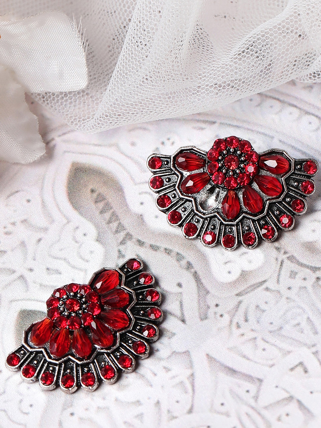 

Rubans Silver-Plated & Red Ruby Studded Studs Earrings