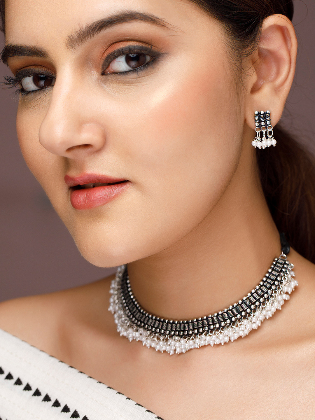 

Rubans Silver-Plated White Beaded Jewellery Set