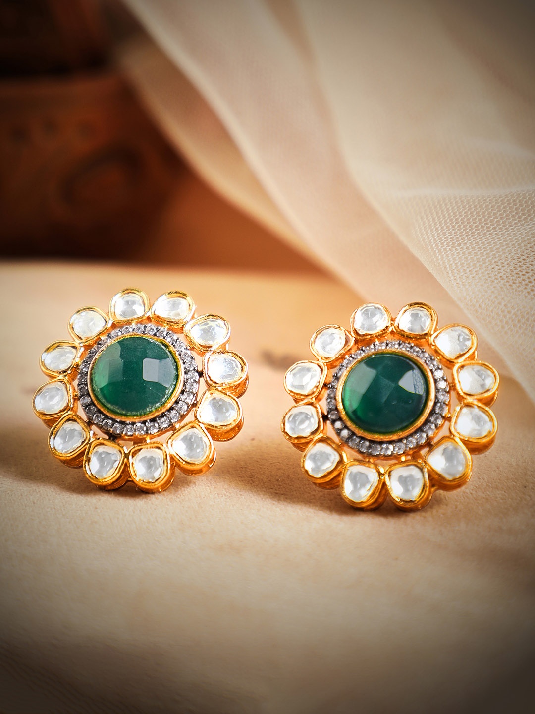

Rubans Gold-Toned & Green Circular Studs Earrings