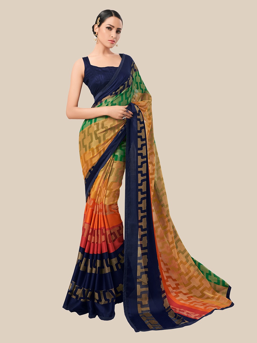 

UNITED LIBERTY Blue & Orange Floral Brasso Saree