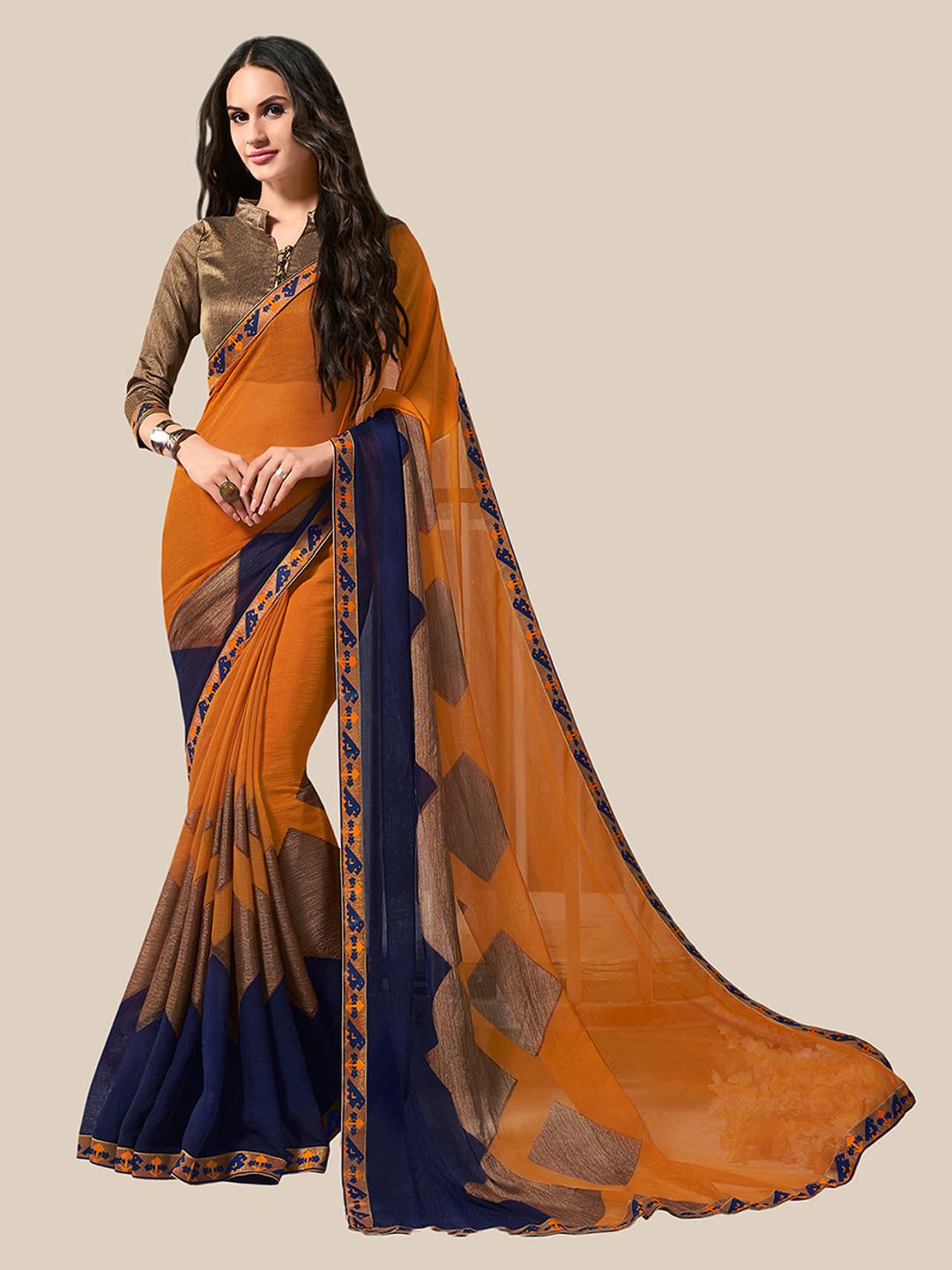 

UNITED LIBERTY Orange & Blue Geometric Printed Saree