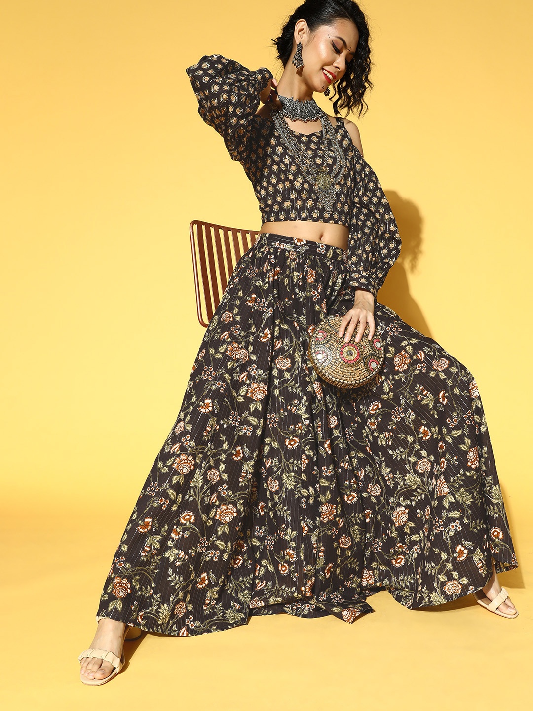 

Yufta Women Stylish Black Printed Top with Skirt