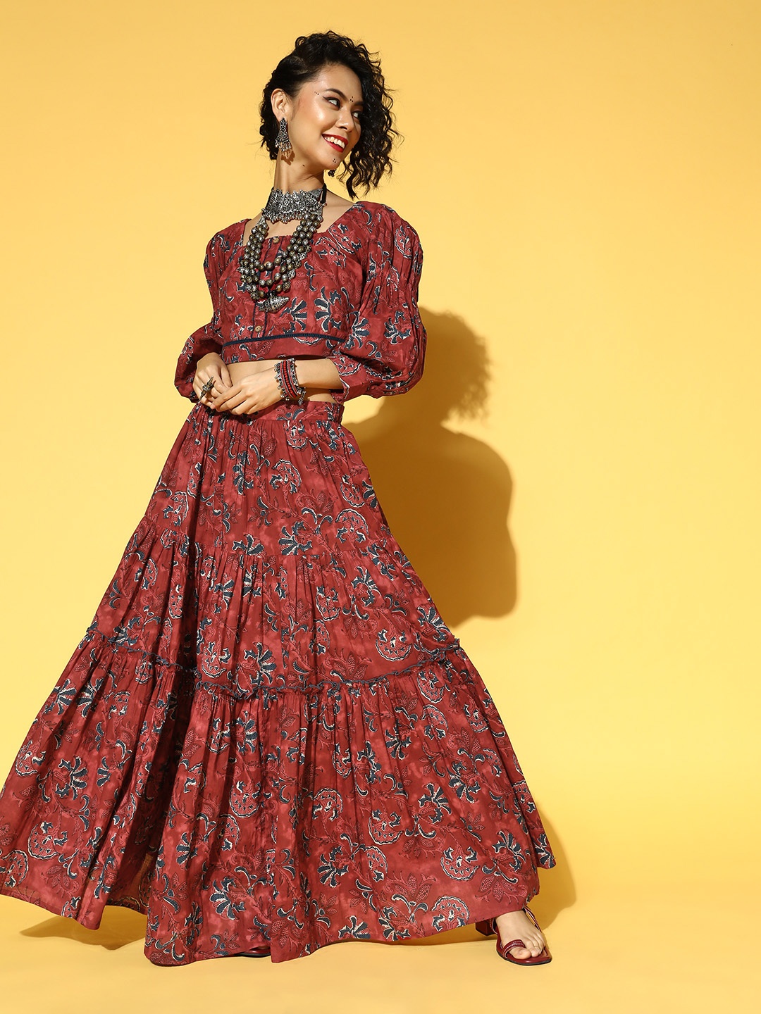 

Yufta Women Charming Maroon Printed Top with Skirt