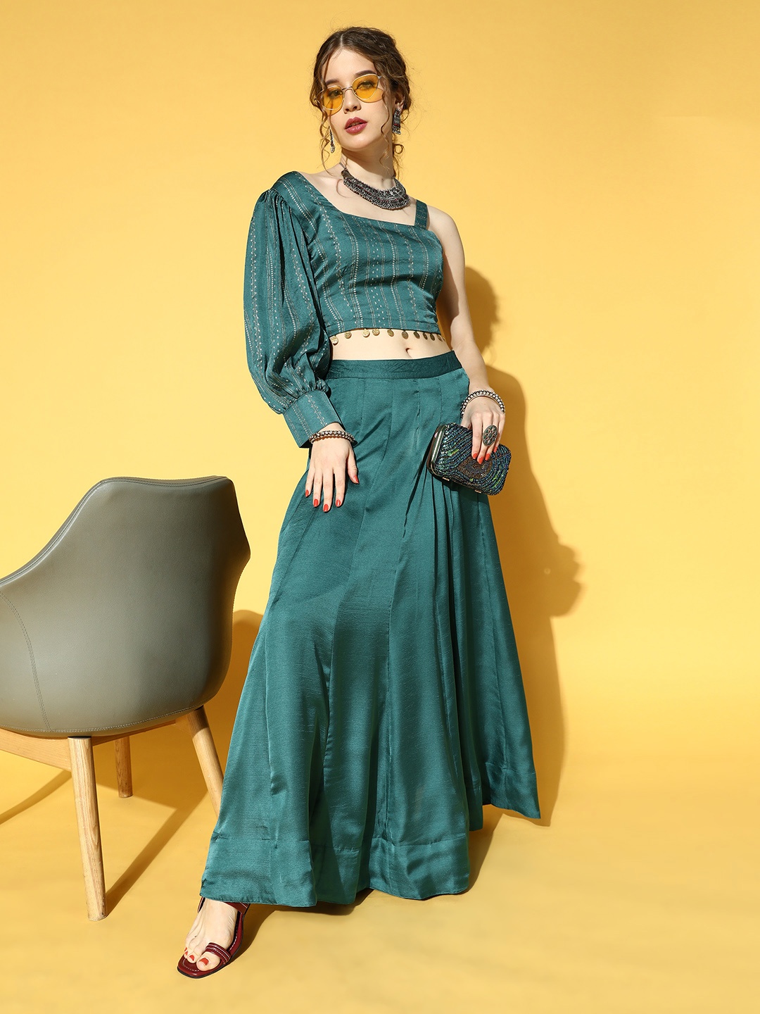 

Yufta Women Gorgeous Green Printed Top with Solid Skirt