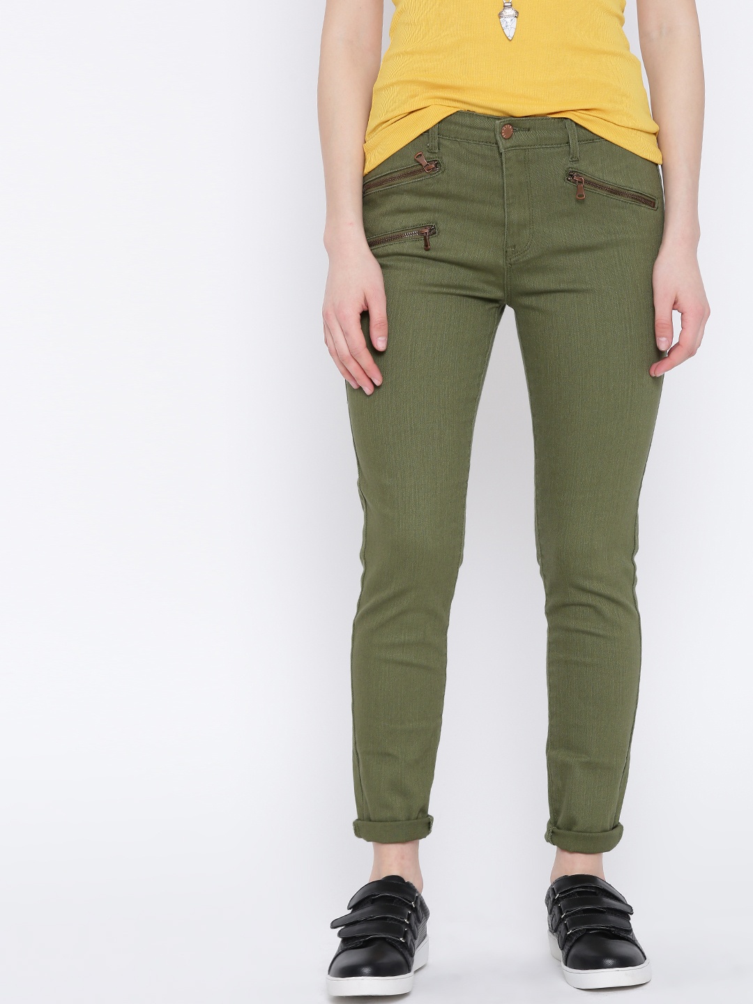 

FOREVER 21 Women Olive Green Mid-Rise Clean Look Jeans