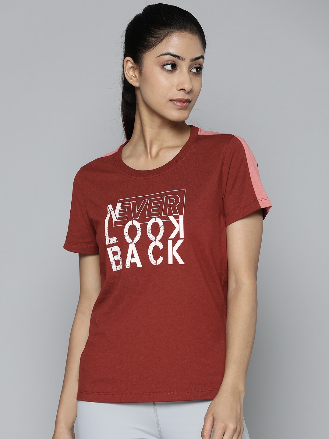 

Alcis Women Rust Red & White Typography Printed Slim Fit Training or Gym T-shirt