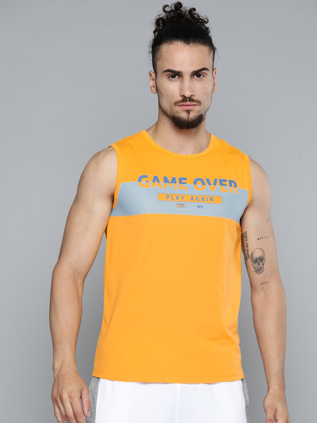 

Alcis Men Mustard Yellow Typography Printed Slim Fit Gym T-shirt