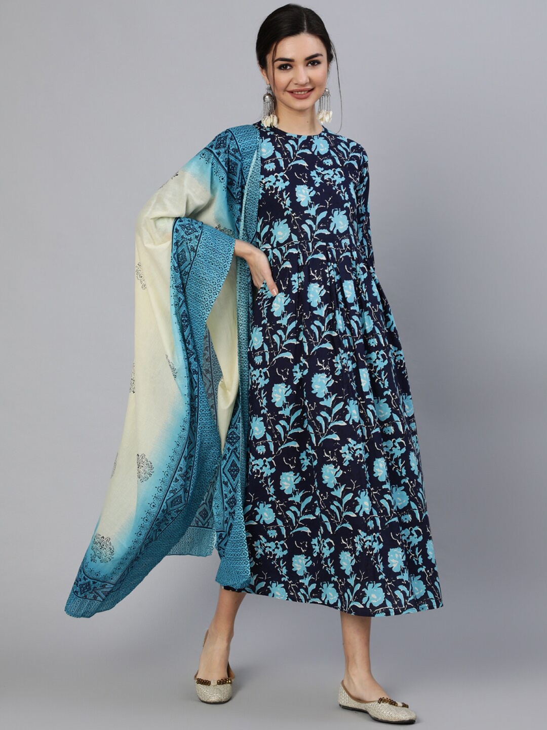 

Nayo Navy Blue Floral Empire Midi Dress with Dupatta