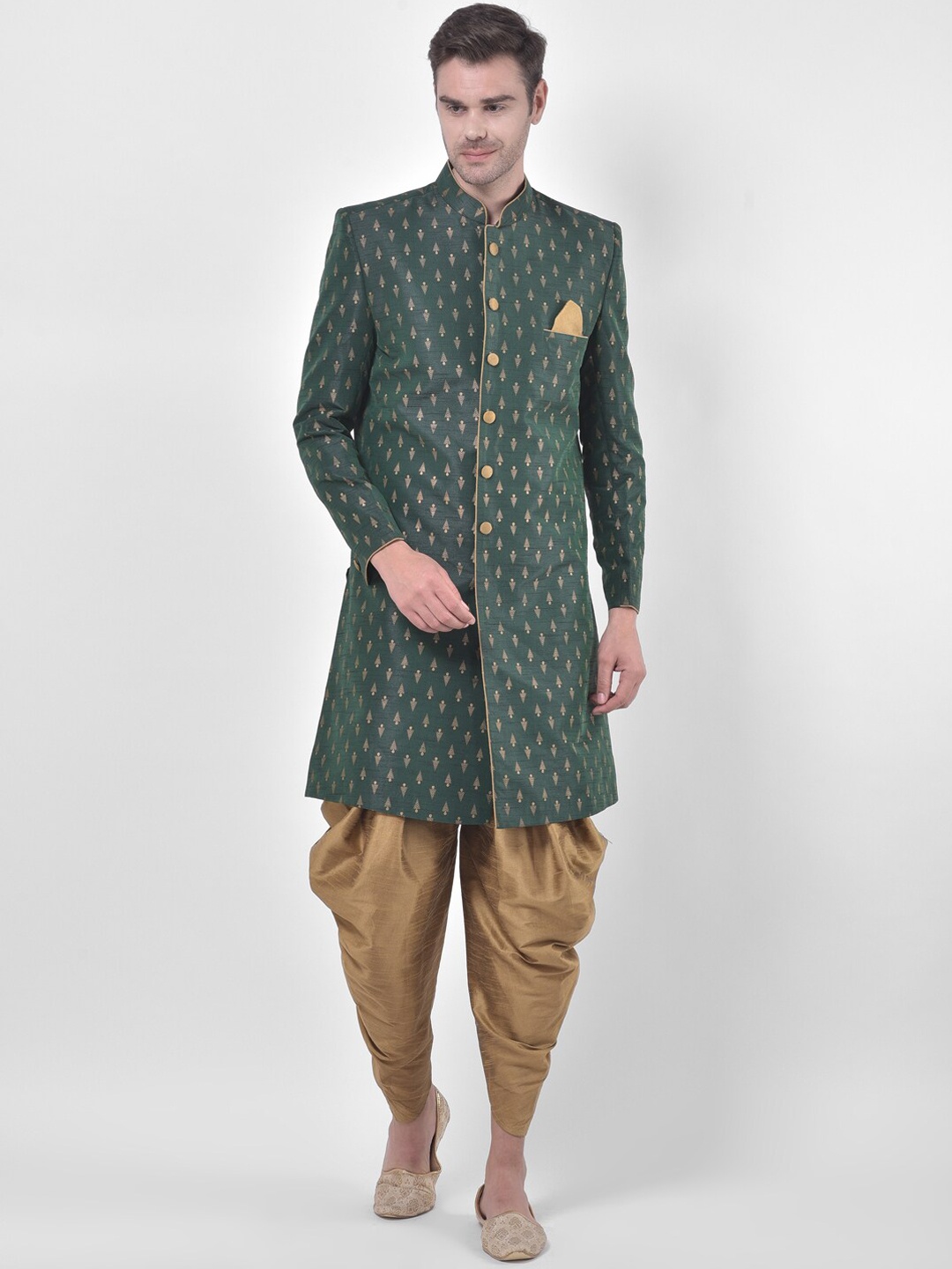 

DEYANN Men Dark-Green & Gold-Colored Printed Sherwani Set