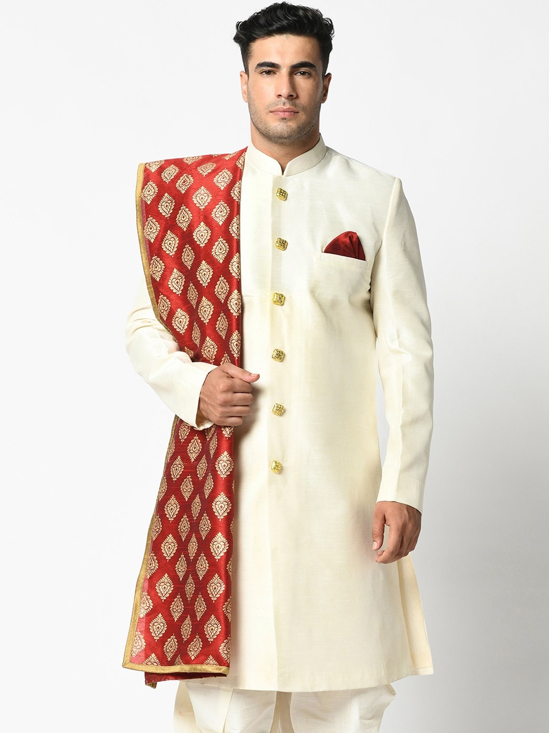 

DEYANN Men Off White Woven Design Silk Sherwani with Dhoti Pants & Dupatta
