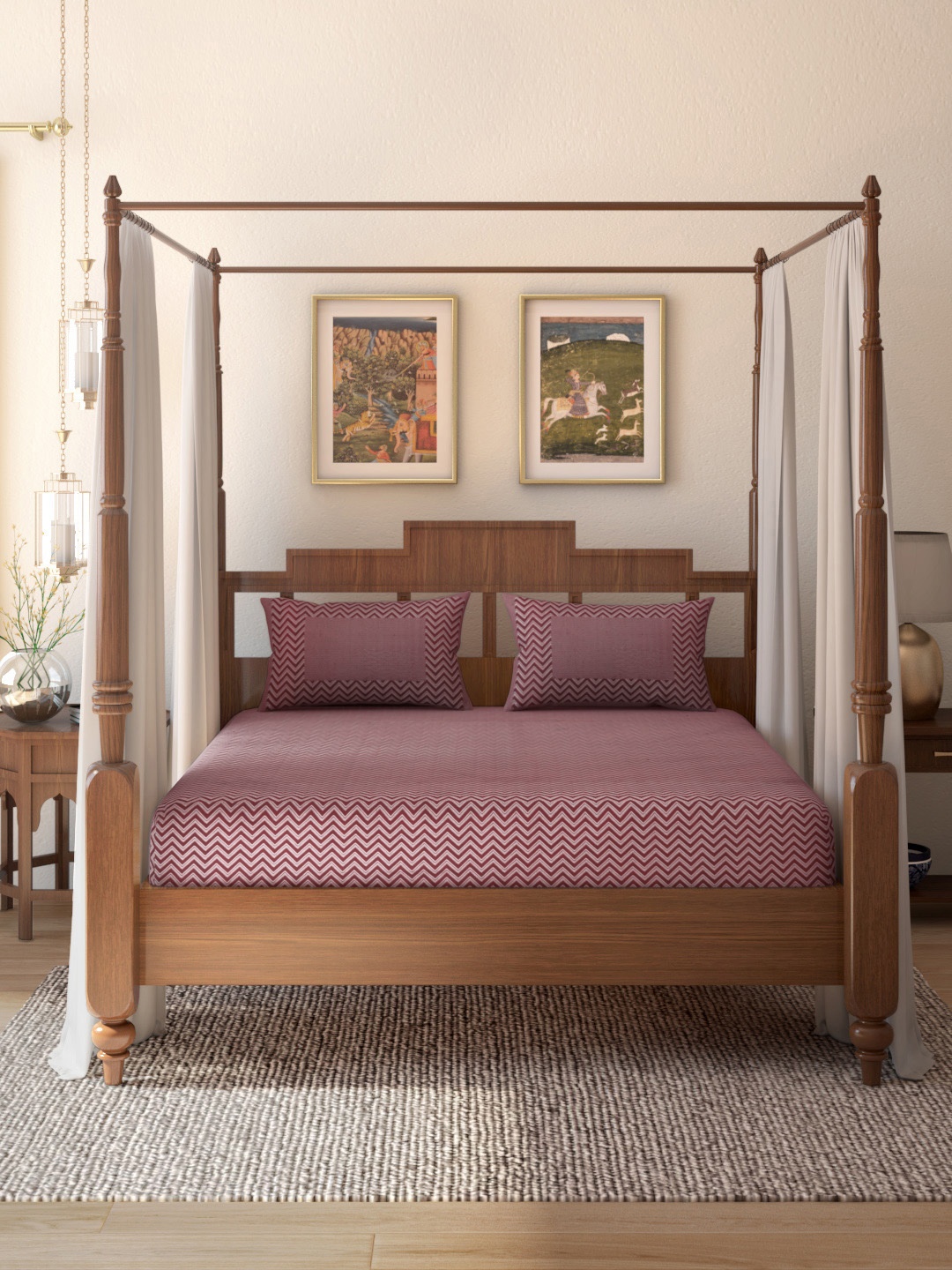 

House of Pataudi Burgundy Printed 151GSM 118TC Rozana Cotton Queen Bedsheet 2 Pillow Cover