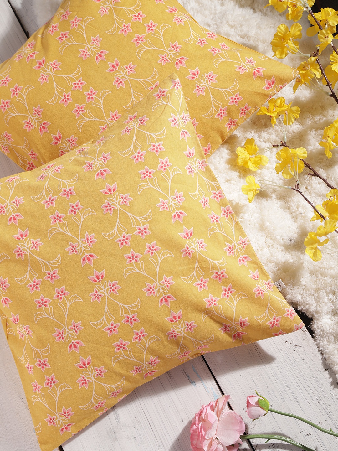 

House of Pataudi Yellow & Pink Set of 2 Floral Square Cushion Covers
