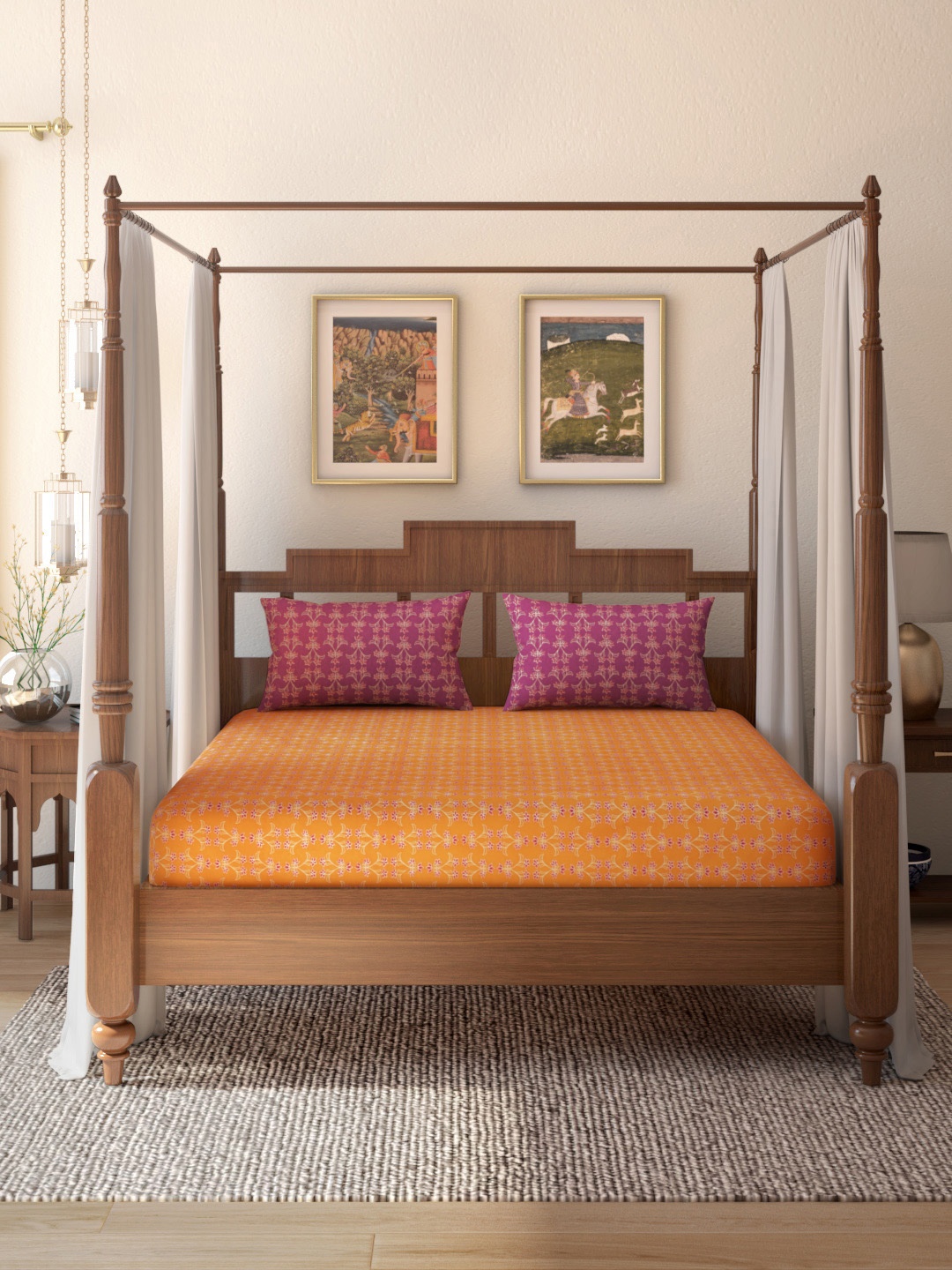 

House of Pataudi Orange & Purple Floral 151GSM 118TC Queen Bedsheet with 2 Pillow Covers