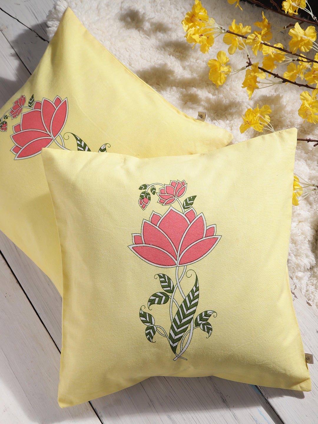 

House of Pataudi Yellow & Coral Set of 2 Floral Square Cushion Covers