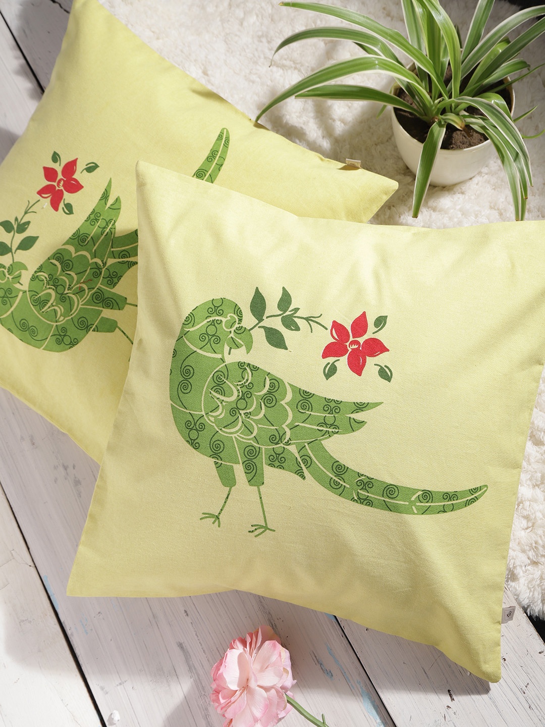 

House of Pataudi Yellow & Green Set of 2 Ethnic Motifs Square Cushion Covers