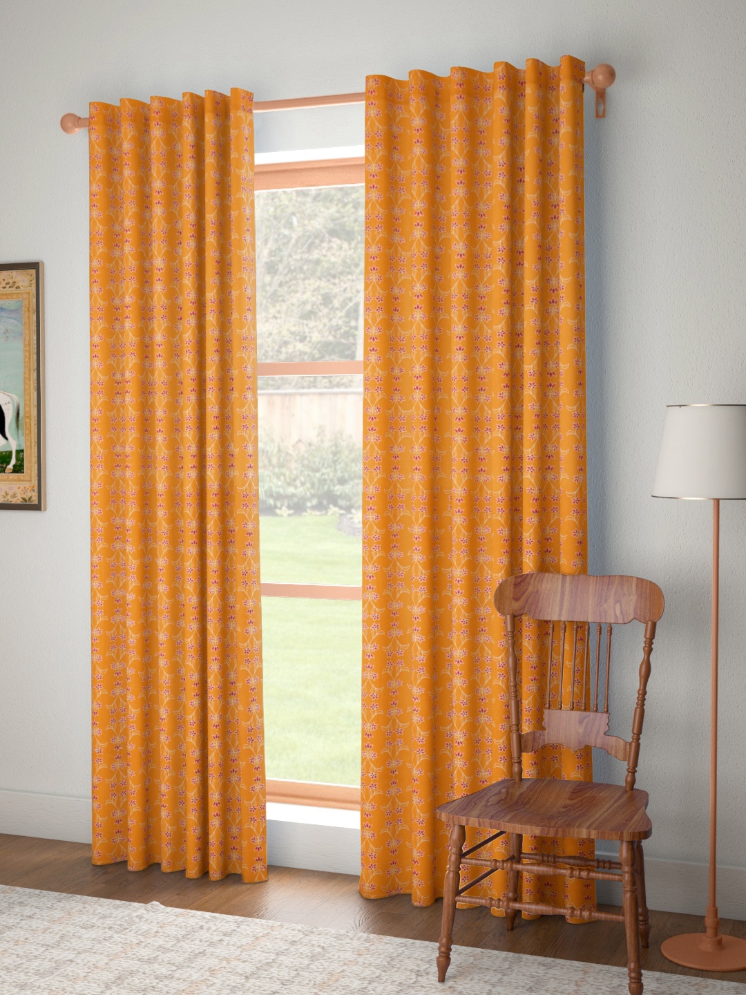 

House of Pataudi Orange & Pink Floral Print Door Curtain