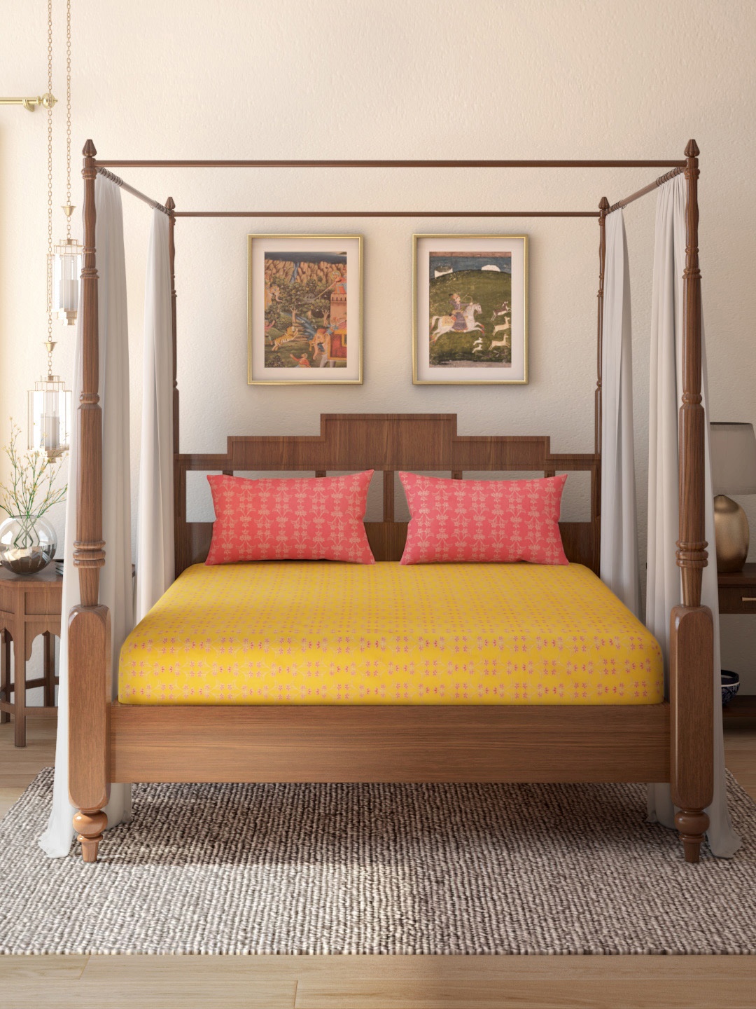 

House of Pataudi Yellow & Pink Floral 151GSM 118TC Queen Bedsheet with 2 Pillow Covers