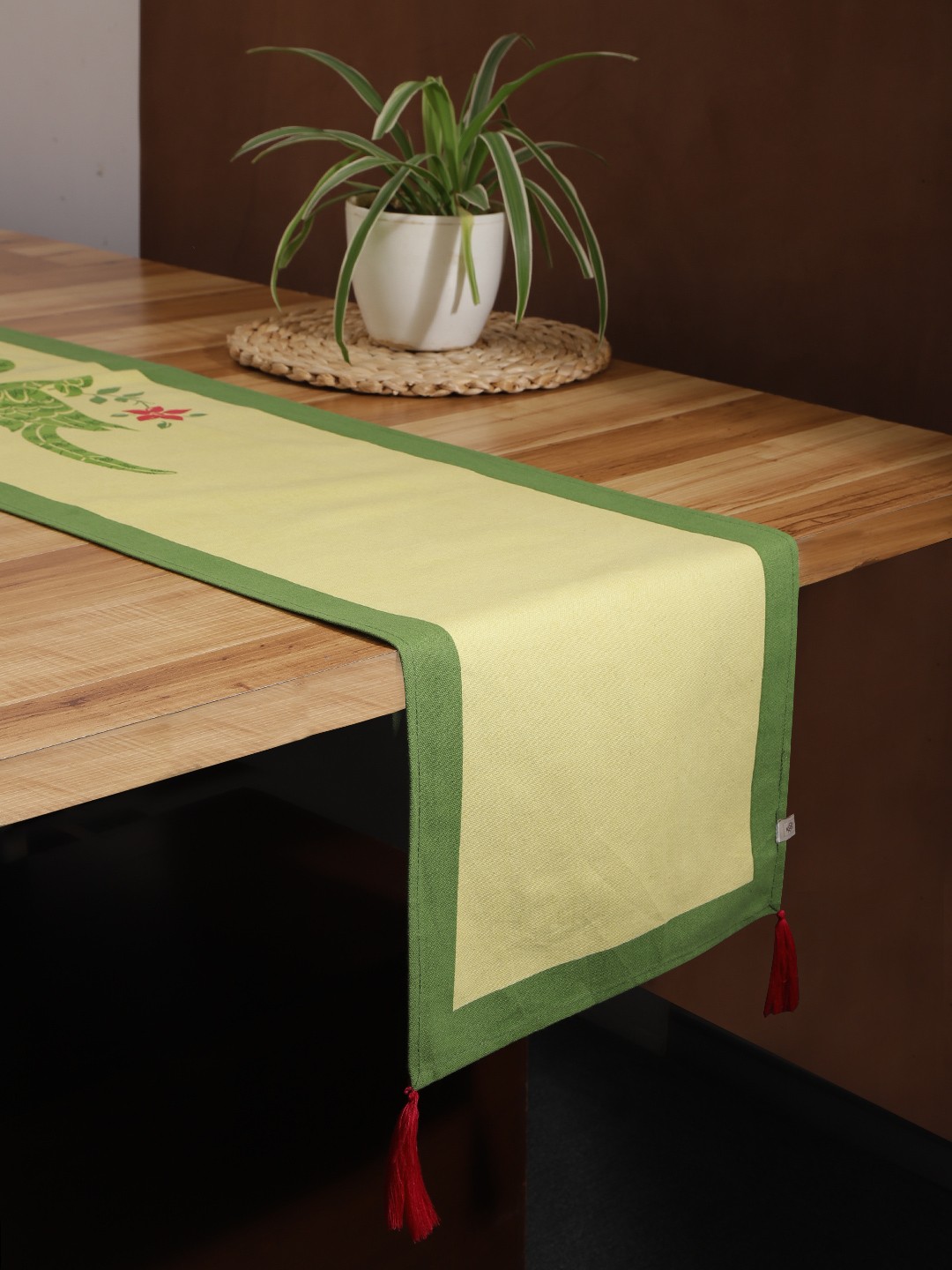 

House of Pataudi Yellow & Green Ethnic Motifs Print Rozana Cotton Taseled Table Runner