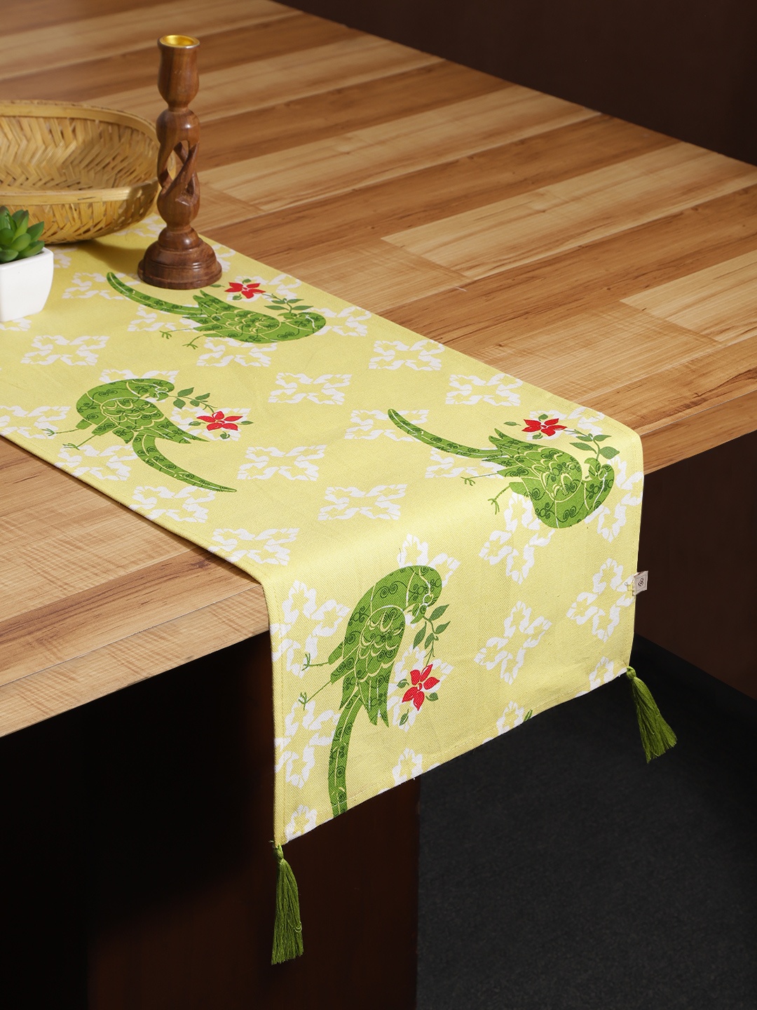 

House of Pataudi Yellow & Green Ethnic Motifs Print Rozana Cotton Taselled Table Runner, Mustard