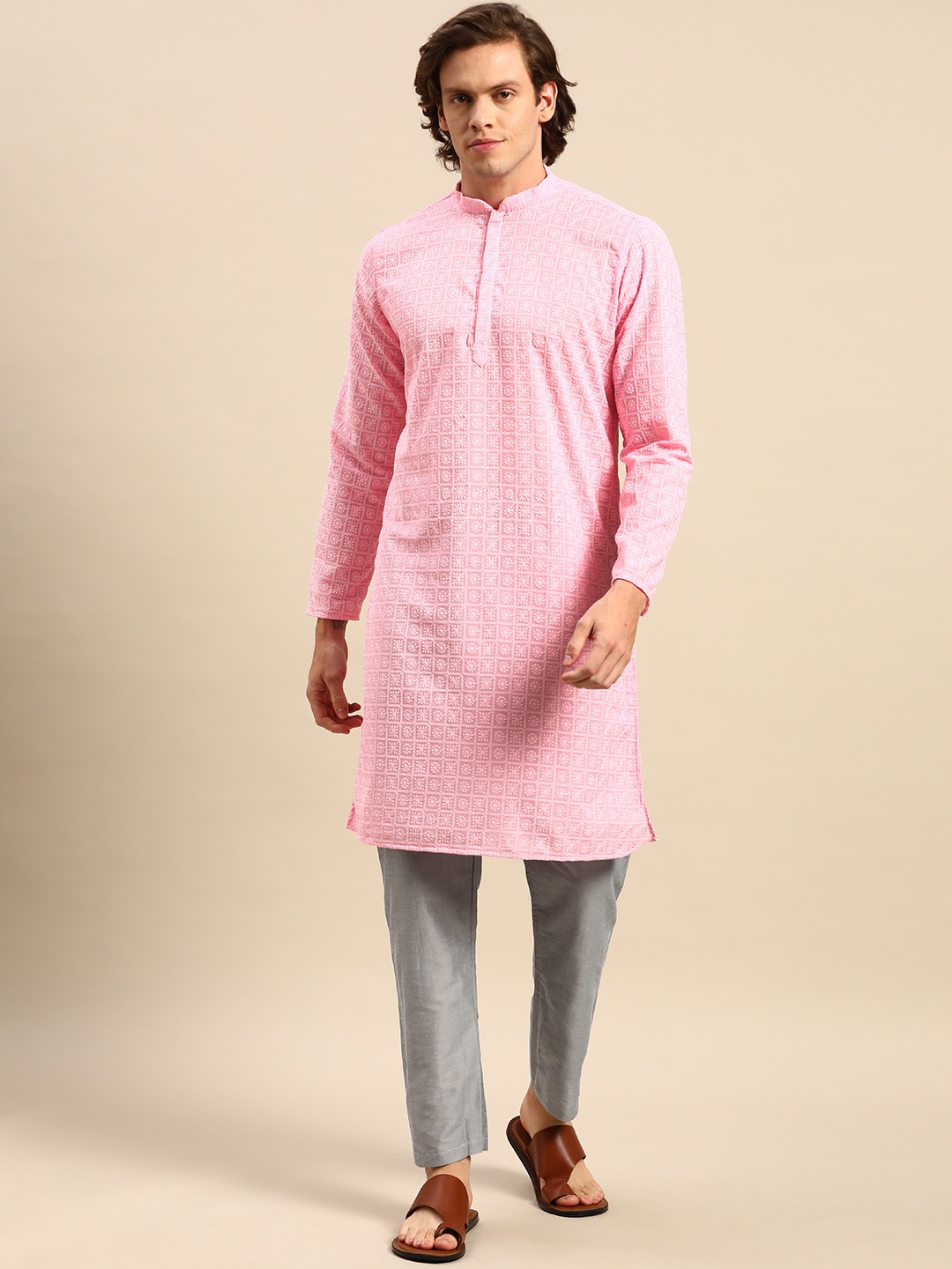 

Anouk Men Pink Ethnic Motifs Embroidered Pure Cotton Kurta with Pyjamas