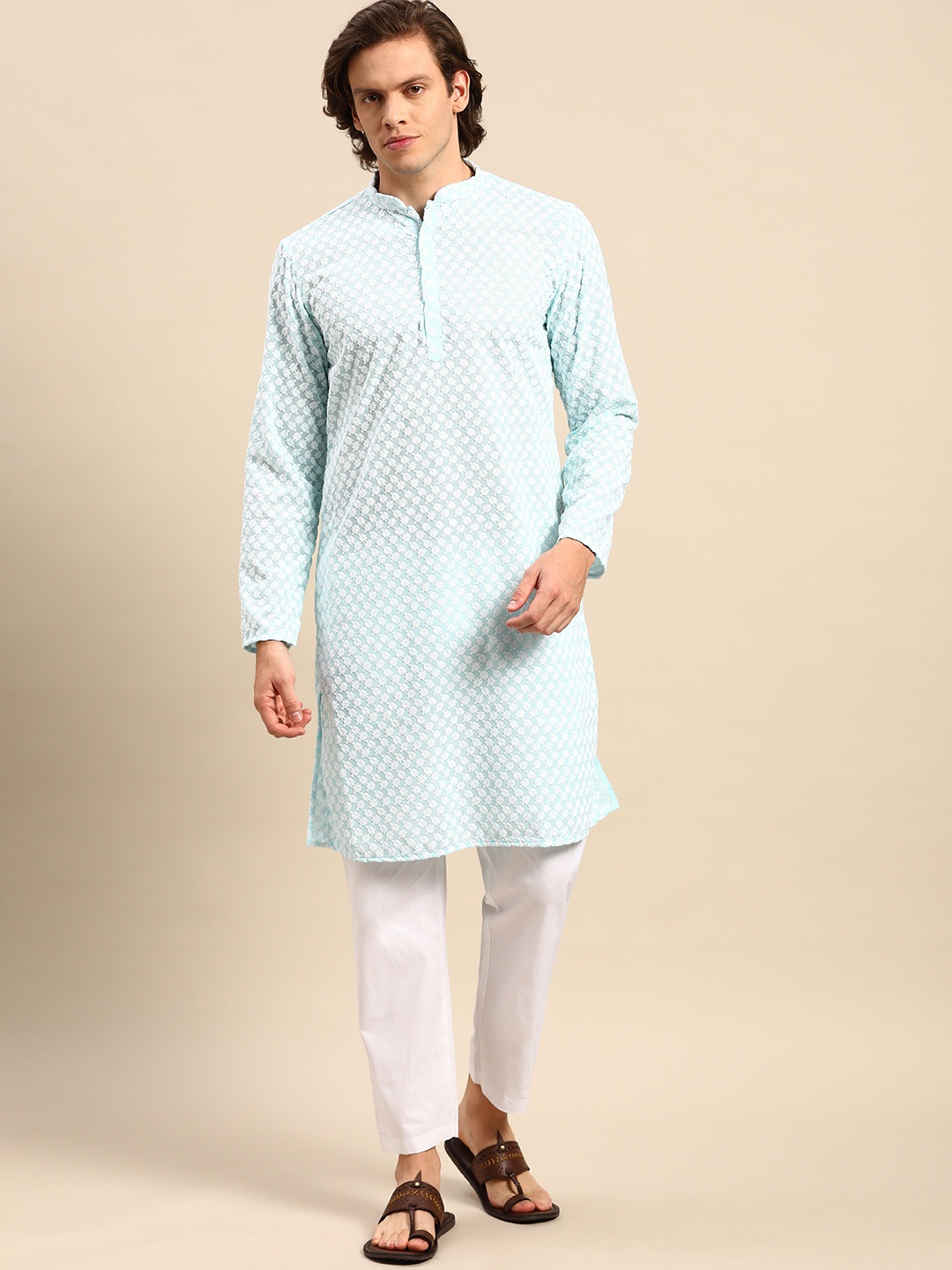 Anouk Men Blue Ethnic Motifs Embroidered Pure Cotton Kurta with Pyjamas