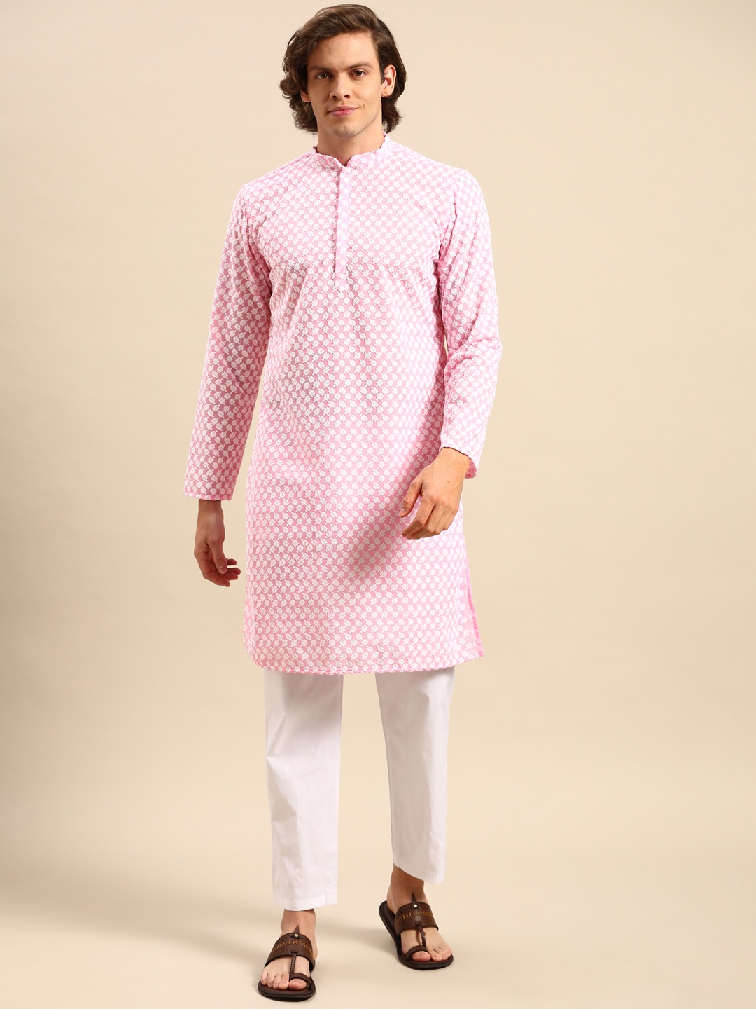 

Anouk Men Pink Ethnic Motifs Embroidered Pure Cotton Kurta with Pyjamas