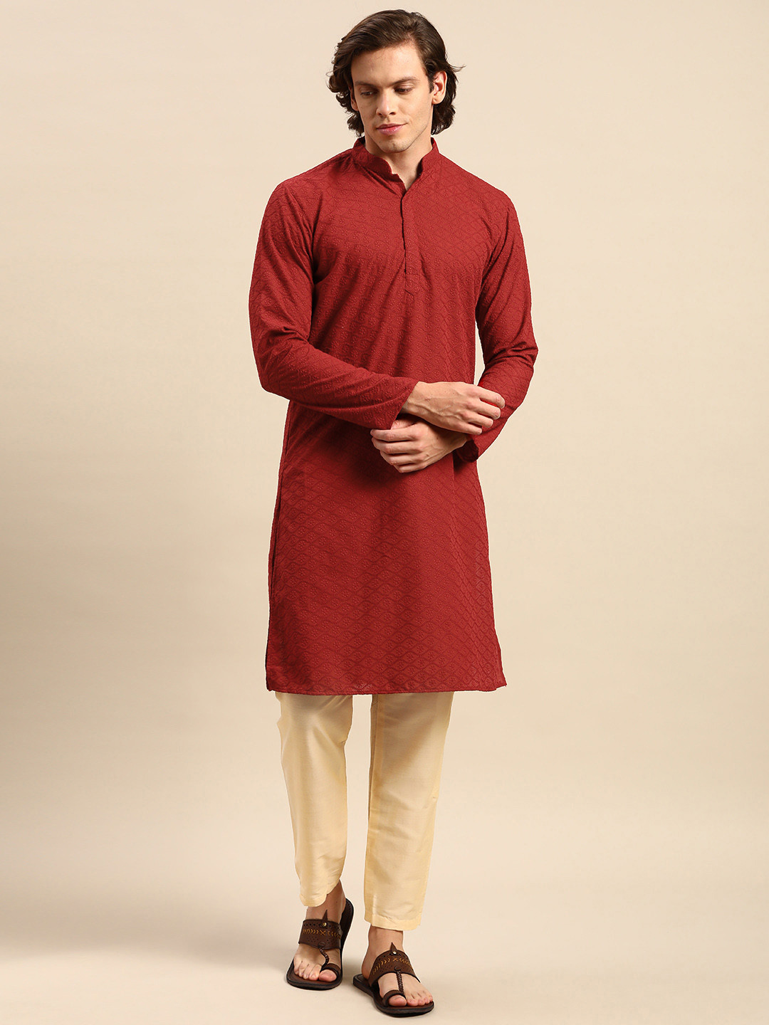 

Anouk Men Red Ethnic Motifs Embroidered Pure Cotton Kurta with Pyjamas