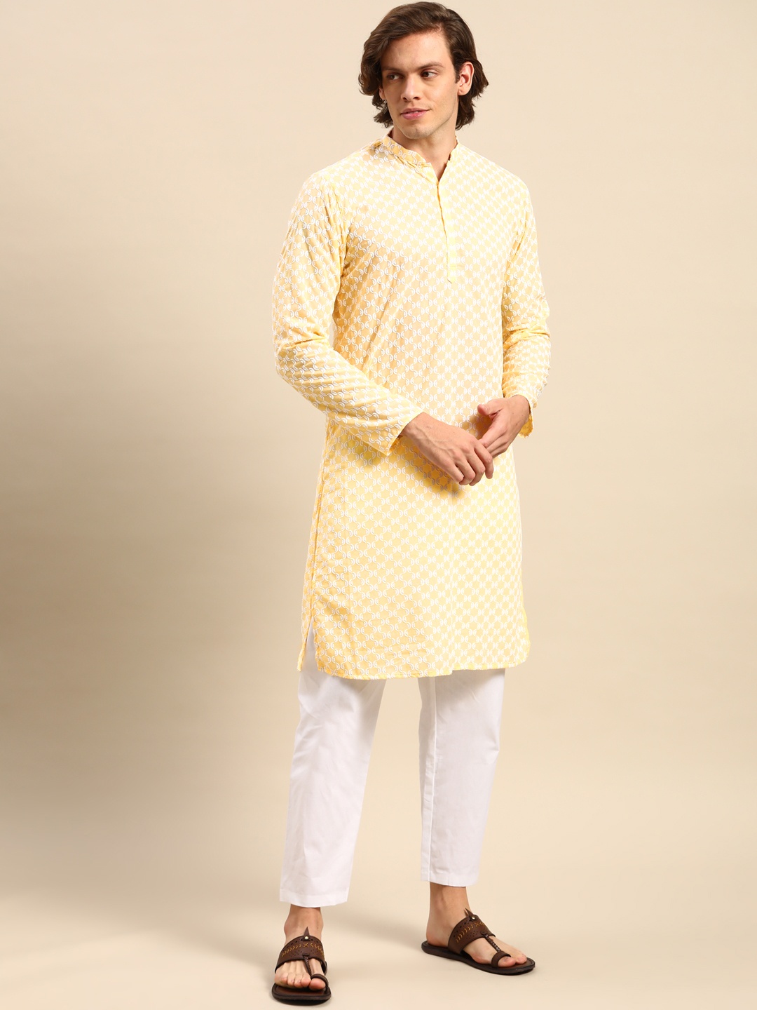 

Anouk Men Yellow Ethnic Motifs Embroidered Pure Cotton Kurta with Pyjamas