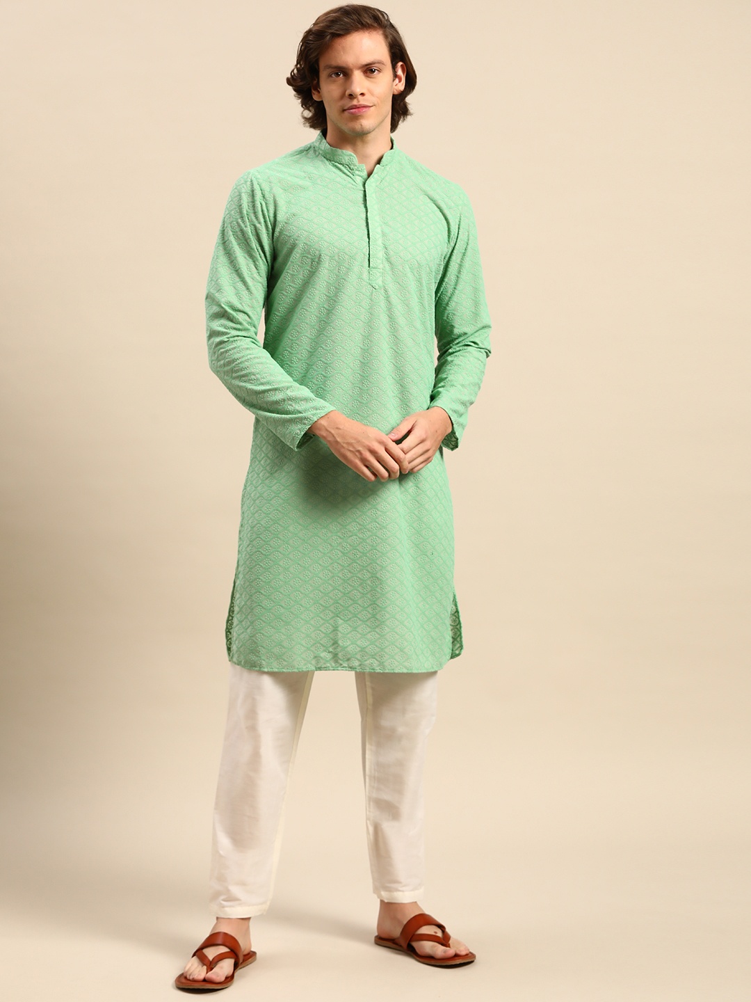 

Anouk Men Green Ethnic Motifs Embroidered Pure Cotton Kurta with Pyjamas