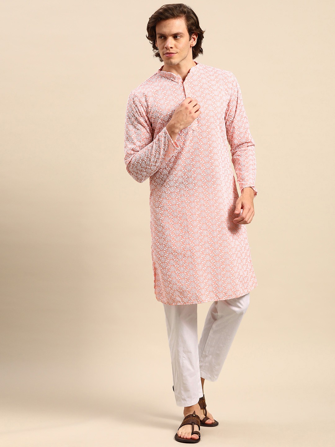 

Anouk Men Peach-Coloured Ethnic Motifs Embroidered Pure Cotton Kurta with Pyjamas