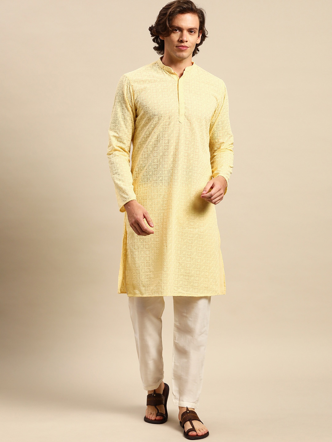 

Anouk Men Yellow Ethnic Motifs Embroidered Pure Cotton Kurta with Pyjamas